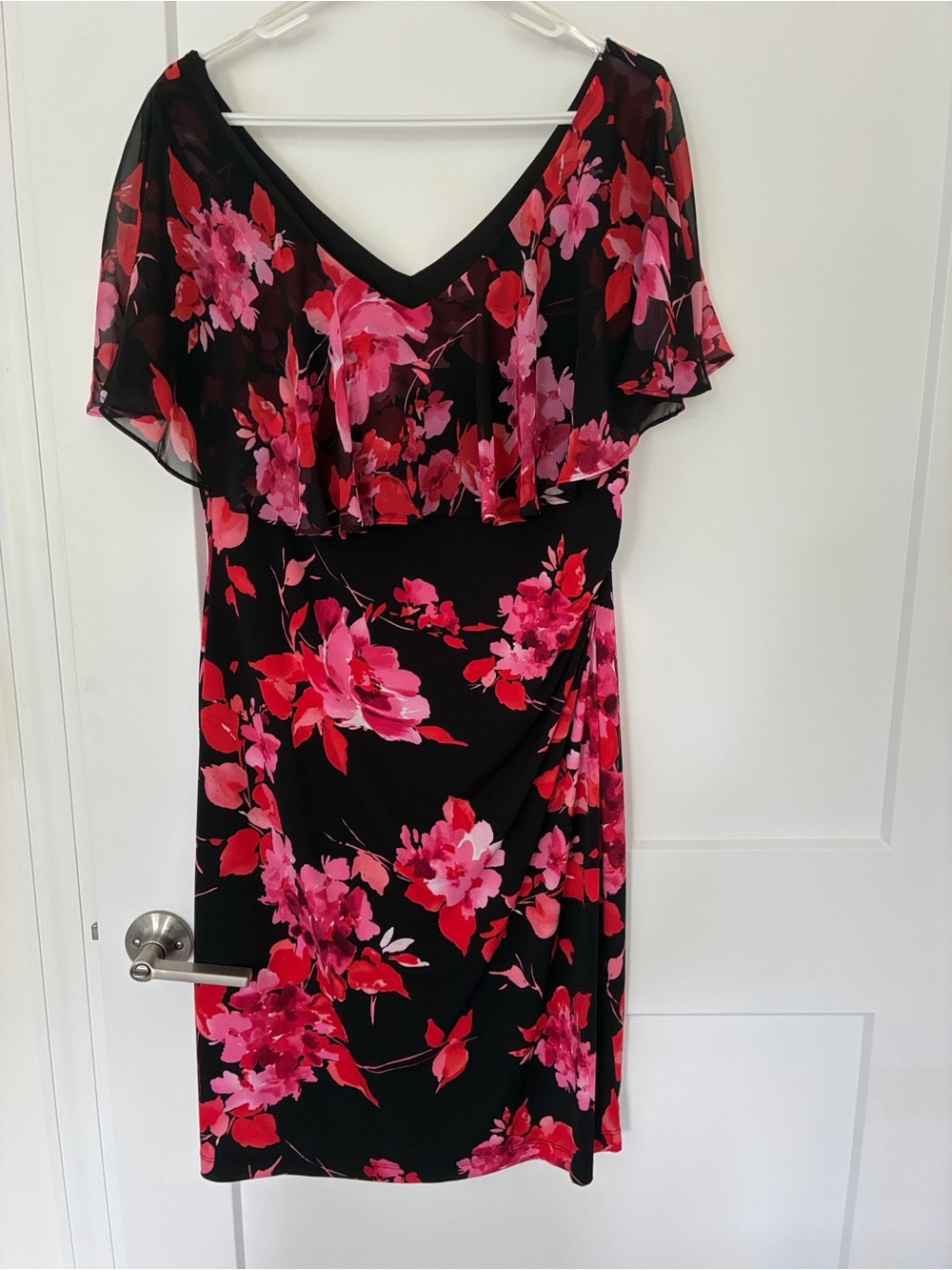 connected apparel Black Midi Dress with Pink and Red Floral Print